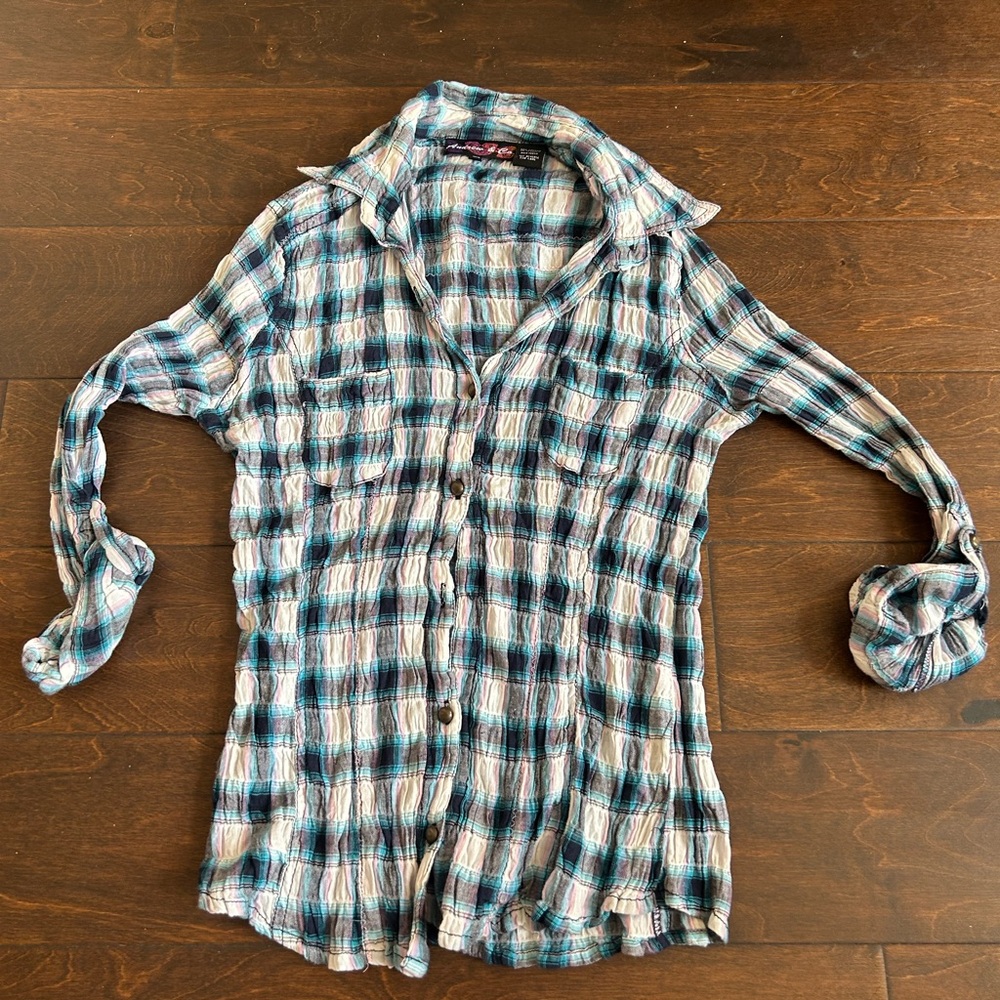 Andrew & Co Womens Sz M Shirt Plaid Cotton Rolled Cuff Sleeves ST3235